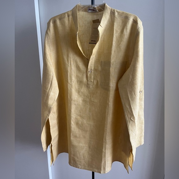 NWT FABINDIA Men 100% Linen Woven Nehru Kurta Mustard Yellow Festive Sz 38 Mediu - Picture 4 of 16